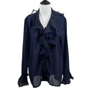 Vintage Diana Marco Blouse Womens 16 Blue Ruffled Button Front Long Sleeve